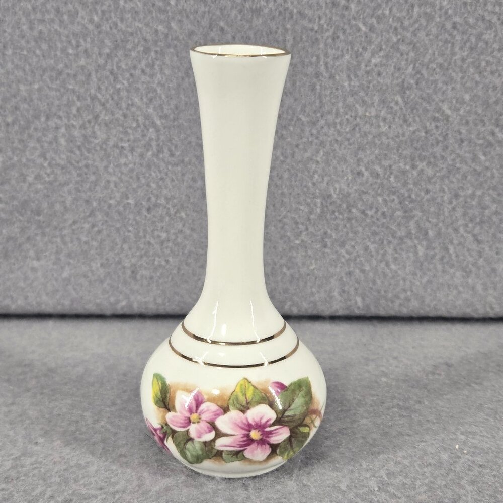 Vintage Purple Floral Print Bud Vase, Fine Bone China, Nova Scotia, 4" tall